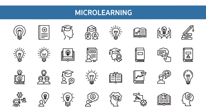 Collection of line icons illustrating microlearning concepts and educational activities.