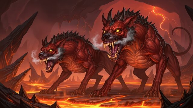 Fiery hellhounds prowling the volcanic landscape with glowing eyes and sharp fangs