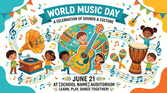 Colorful vector illustration for World Music Day poster featuring happy children playing musical instruments