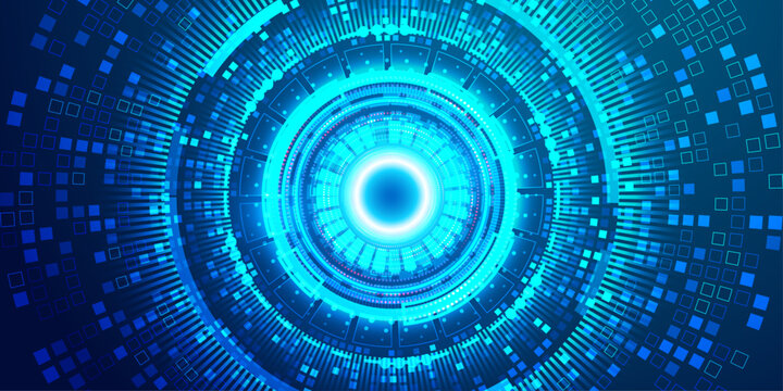 High tech digital eye abstract background with blue glowing circles and square pixel elements.