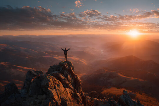 Persona alcanzando el &eacute;xito. Se representa en la cima de una monta&ntilde;a, en un atardecer, con los brazos extendidos, abrazando el &eacute;xito, en una puesta de sol simb&oacute;lica. Senderismo. Paisaje.