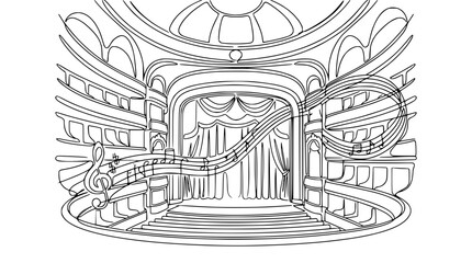 Fototapeta premium Elegant Theater Stage with Musical Notes Flowing - Artistic Illustration