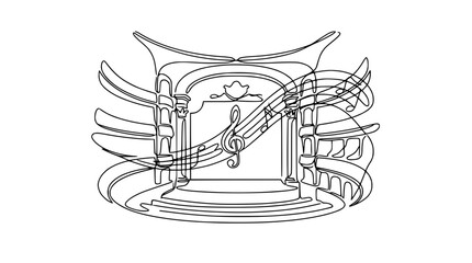 Obraz premium Continuous line drawing of a grand theater stage with musical notes and treble clef.