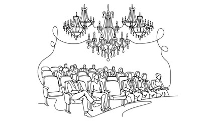 Fototapeta premium Elegant Theater Audience Seated Under Grand Chandeliers, Single Line Art