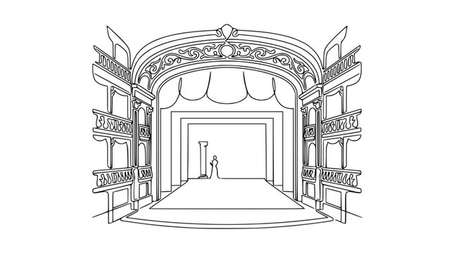 Elegant theatre stage with balconies and spotlight on lone performer, line art