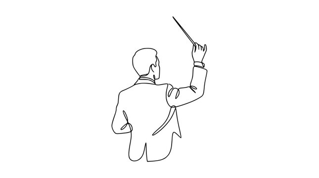 Orchestra conductor directing with baton in minimalist continuous line art style