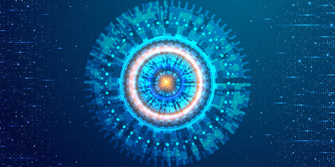 Glowing iris technology background featuring circular light trails and digital particle effects on dark blue cosmos. © Nahin