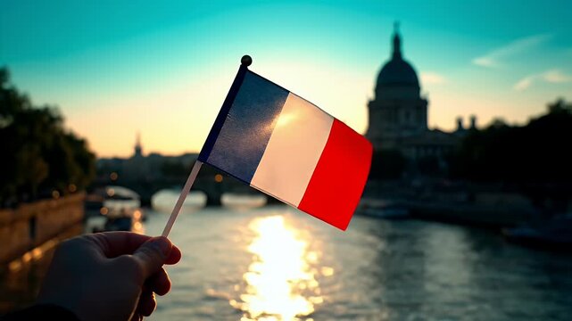France flag held by a hand with a blurred background of Paris city architecture at sunset hour