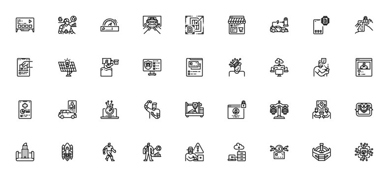 Innovation icon set. Minimal line icons pack. Vector illustration. Featuring artificial intelligence, autonomous car, virtual reality, 3D printer, cyber security, cryptocurrency, electric car, online 