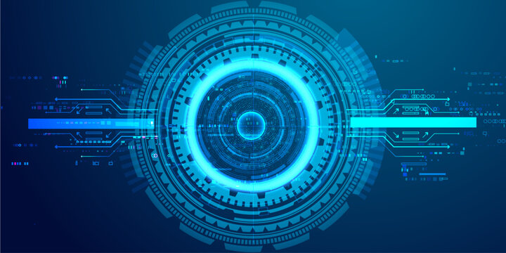 High tech digital target interface with horizontal geometric bars and cyan neon glowing circular HUD elements.