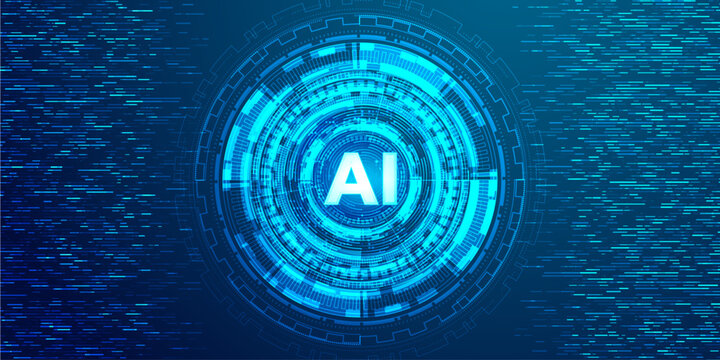 Artificial intelligence text in center of blue digital circular interface with falling binary code matrix background.