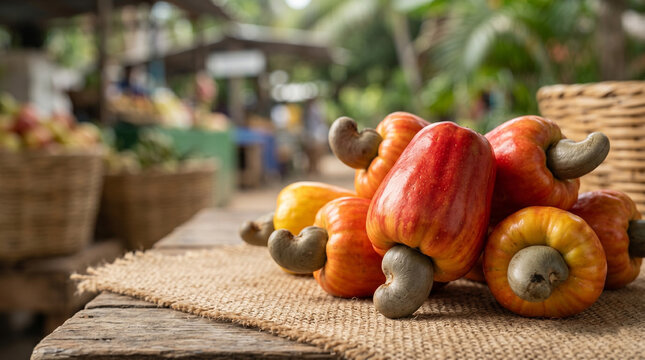 Ripe red and yellow cashew fruits with nuts on a burlap sack over a wooden table at an outdoor market stall