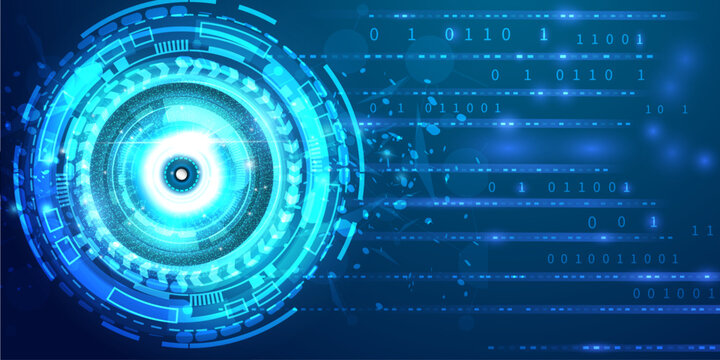 Data science background with central eye scanner graphic and blue binary stream representing cybersecurity and artificial intelligence.