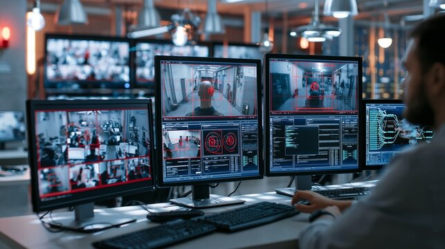 Wideangle view of a modern corporate control room displaying AIpowered safety camera visuals with focused red alerts on a bareheaded worker soft background monitors illuminated by