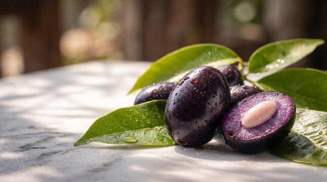 Fresh ripe jamun fruit with green leaves and water drops on a marble table, one black plum sliced in half showing seed