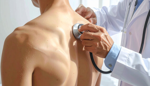 Doctor using stethoscope on patient back for medical examination