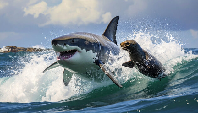 Shark and seal in ocean waves predator prey marine wildlife