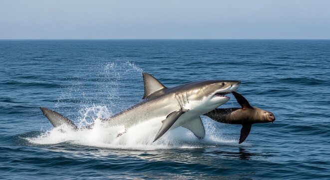 Shark jumping out of water attacking seal ocean predator
