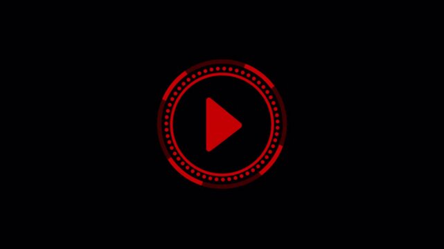A red play button surrounded by a glowing circular ring, useful for dramatic media openers, video prompts, and energetic motion graphics.