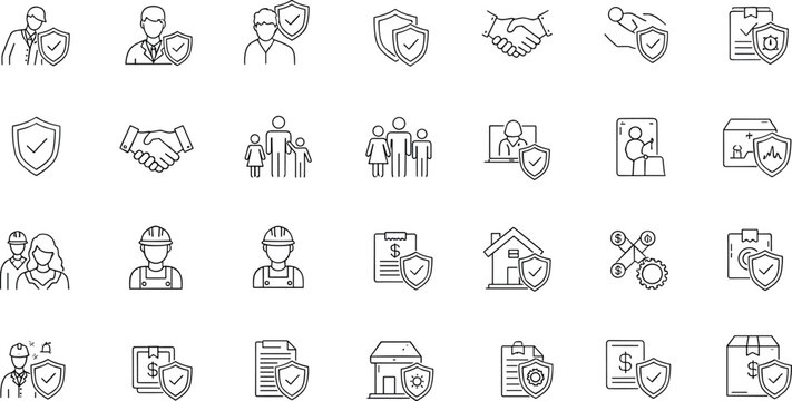 Trust and security linear icon set for business insurance protection family safety home financial and legal shield concepts