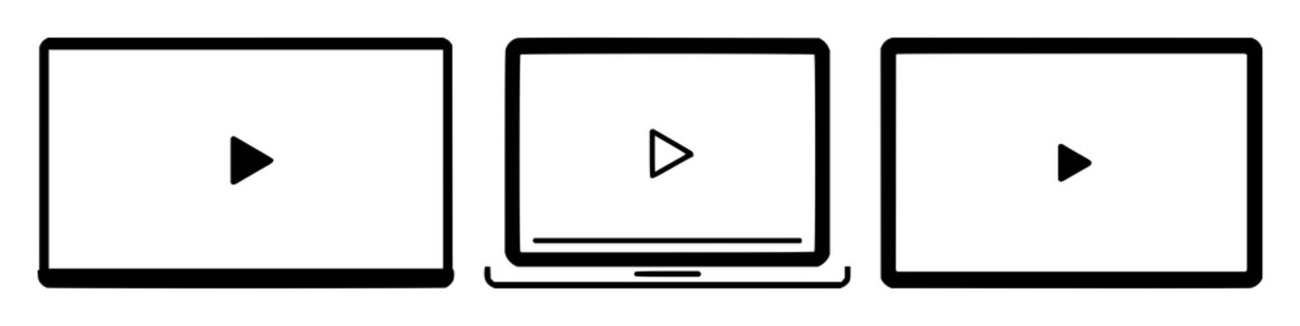 Solid black icon, white background: online course video set with simple line art design featuring sketches, drawings, vector graphics with minimalist and simple illustrations
