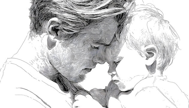A continuous line drawing depicting a father embracing his child, all set against a pure white background
