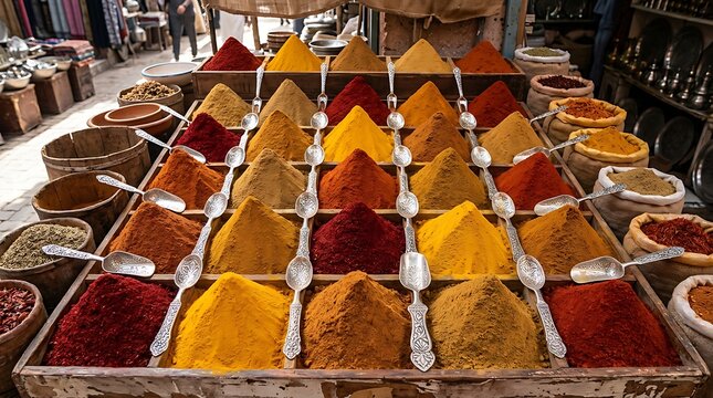 Colorful spice mounds with silver spoons at a traditional market