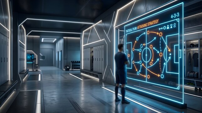 Soccer player analyzing a digital attacking strategy on a futuristic display