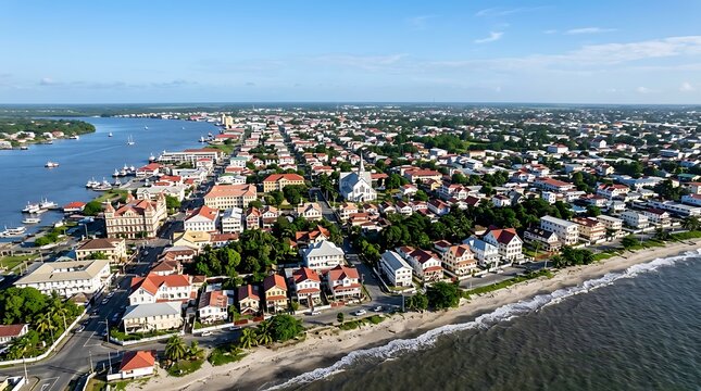 Aerial view of historical wooden buildings and river in paramaribo