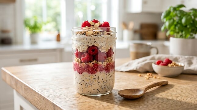 A single glass jar layered with overnight oats, chia seeds, and fresh raspberries