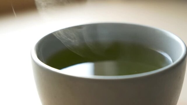 Close up of a steaming cup of green tea on a table.
