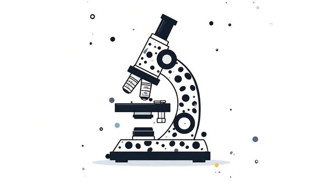 Illustrated microscope with dotted details on a white backdrop with floating dots