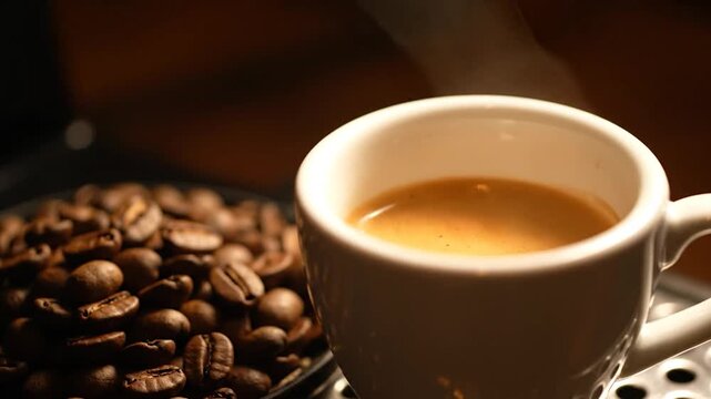 Close up of a steaming espresso cup next to a pile of roasted coffee beans.