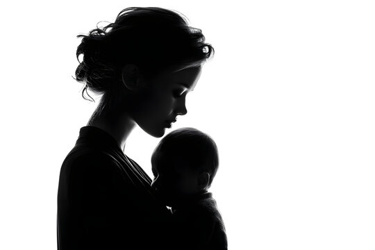 Silhouette of a girl with a baby in her arms on a white background