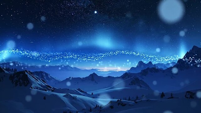 Glowing blue light trail over a snowy mountain range under a starry night sky