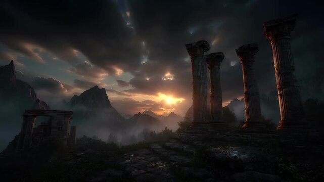 Lost ancient civilization archeology fantasy. A vivid portrayal of an ancient temple ruins at sunset. The temple consists of four tall, slender columns with intricate carvings and a central pediment.