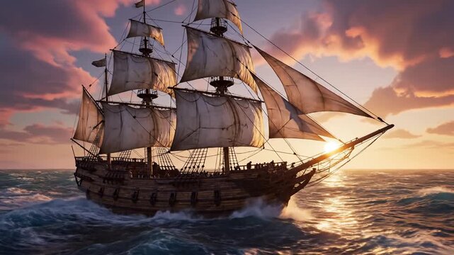 Vintage wooden sailing ship navigating rough ocean waves under a dramatic sunset sky