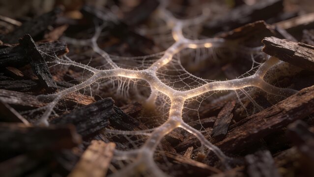Close-up of glowing mycelium network spreading through decomposing wood chips in a forest setting.