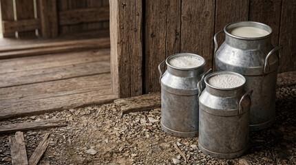 Naklejka premium Three traditional metal milk churns filled with fresh raw milk outside a rustic wooden barn on a dairy farm
