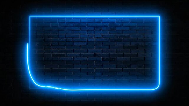 A glowing blue neon rectangular frame on a dark brick wall