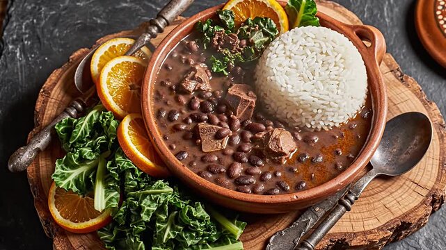 Brazilian Feijoada Black Bean Stew with Rice and Oranges