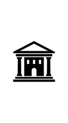 Fototapeta premium Simple classical court or government building icon featuring columns and triangular roof. Clean black glyph design isolated on white background, ideal for legal, education, public administration, bank