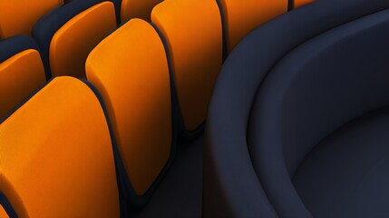 Obraz premium Close Up of Empty Modern Stadium Seating with Bright Orange Chairs and Dark Navy Blue Curved Architecture
