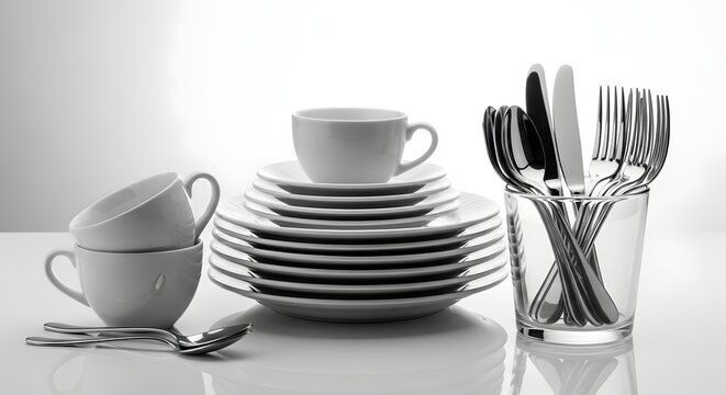 Elegant White Dinnerware Set with Cups Plates and Silverware on Reflective Surface
