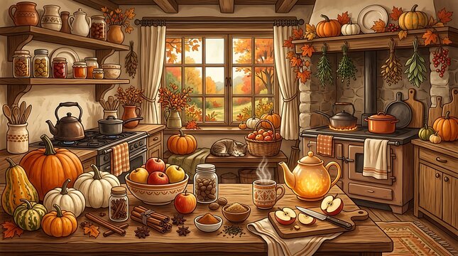 Cozy rustic kitchen decorated with autumn pumpkins and harvest spices