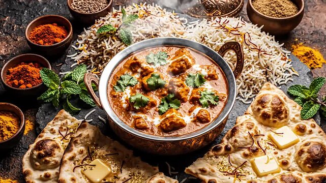 Indian chicken curry with basmati rice and buttered naan