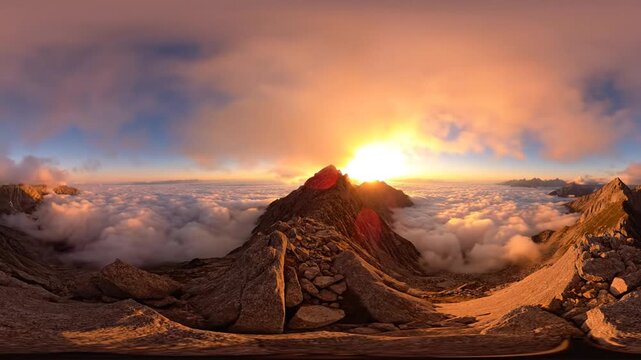 Dramatic sunrise over majestic mountain peaks above a sea of clouds