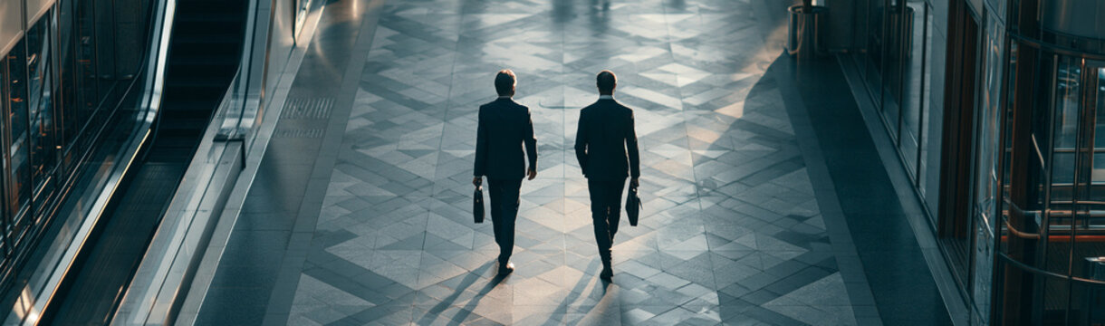 Brothers in Business: Two businessmen in silhouette walk purposefully down a modern hallway, their briefcases in hand, symbolizing ambition and the corporate journey.