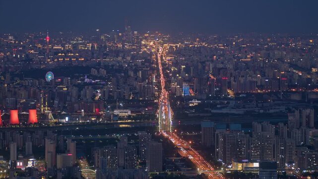 Panoramic Blue Hour Overlook of New Shougang Bridge and Full Chang'an Avenue to Distant China Zun