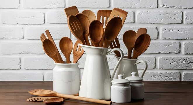 Rustic Wooden Kitchen Utensils in White Ceramic Jars Against Brick Wall